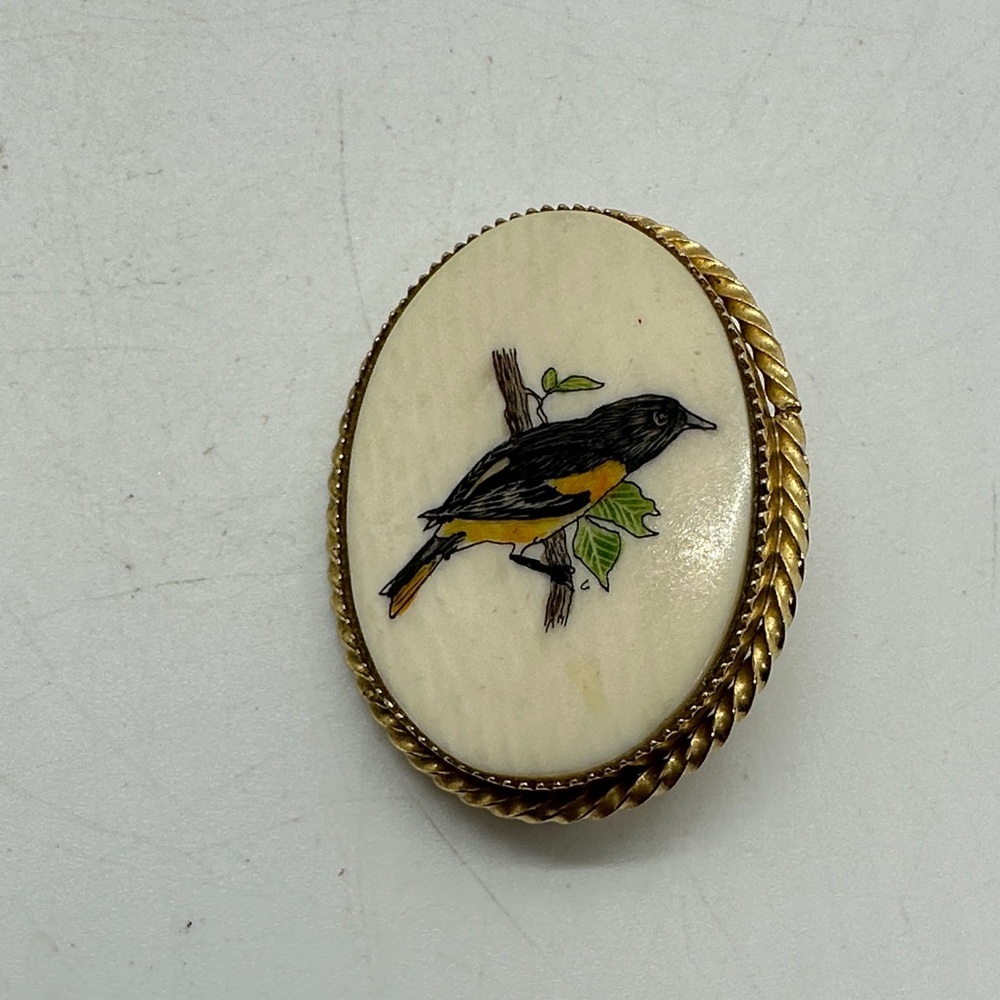 Hand-Painted Bird Brooch - Yellow & Black Accent ~Baltimore Oriole
